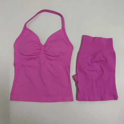 No Logo Yogagym Set Women Backless Tank Tops High Waist Scrunch Seamless Shorts Gym Suit Fitness Clothes Activewear Workout Sets