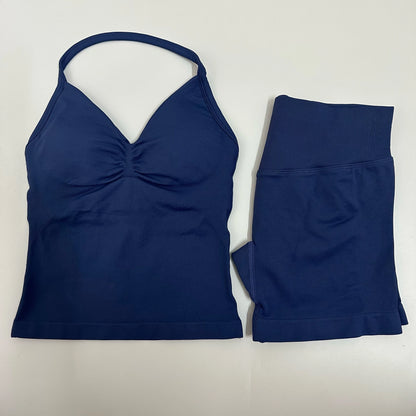 No Logo Yogagym Set Women Backless Tank Tops High Waist Scrunch Seamless Shorts Gym Suit Fitness Clothes Activewear Workout Sets