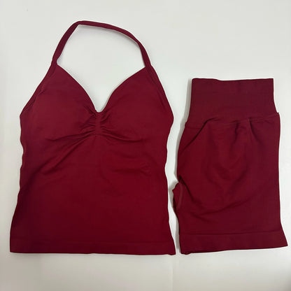 No Logo Yogagym Set Women Backless Tank Tops High Waist Scrunch Seamless Shorts Gym Suit Fitness Clothes Activewear Workout Sets