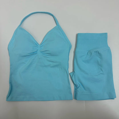 No Logo Yogagym Set Women Backless Tank Tops High Waist Scrunch Seamless Shorts Gym Suit Fitness Clothes Activewear Workout Sets