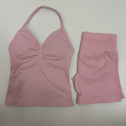 No Logo Yogagym Set Women Backless Tank Tops High Waist Scrunch Seamless Shorts Gym Suit Fitness Clothes Activewear Workout Sets