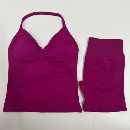 No Logo Yogagym Set Women Backless Tank Tops High Waist Scrunch Seamless Shorts Gym Suit Fitness Clothes Activewear Workout Sets