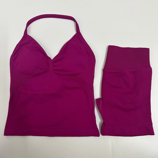 No Logo Yogagym Set Women Backless Tank Tops High Waist Scrunch Seamless Shorts Gym Suit Fitness Clothes Activewear Workout Sets