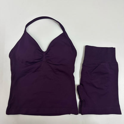 No Logo Yogagym Set Women Backless Tank Tops High Waist Scrunch Seamless Shorts Gym Suit Fitness Clothes Activewear Workout Sets