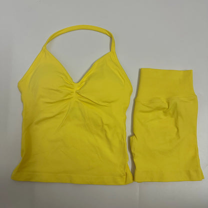 No Logo Yogagym Set Women Backless Tank Tops High Waist Scrunch Seamless Shorts Gym Suit Fitness Clothes Activewear Workout Sets