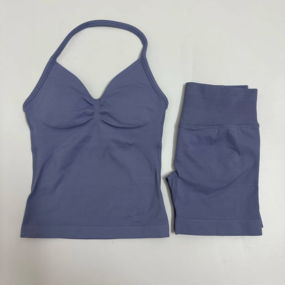 No Logo Yogagym Set Women Backless Tank Tops High Waist Scrunch Seamless Shorts Gym Suit Fitness Clothes Activewear Workout Sets