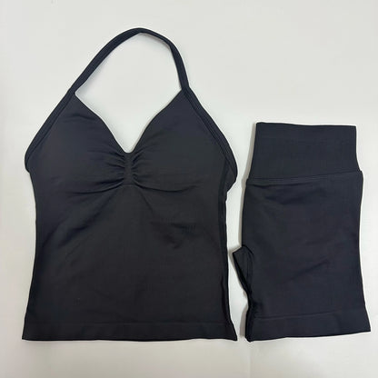 No Logo Yogagym Set Women Backless Tank Tops High Waist Scrunch Seamless Shorts Gym Suit Fitness Clothes Activewear Workout Sets